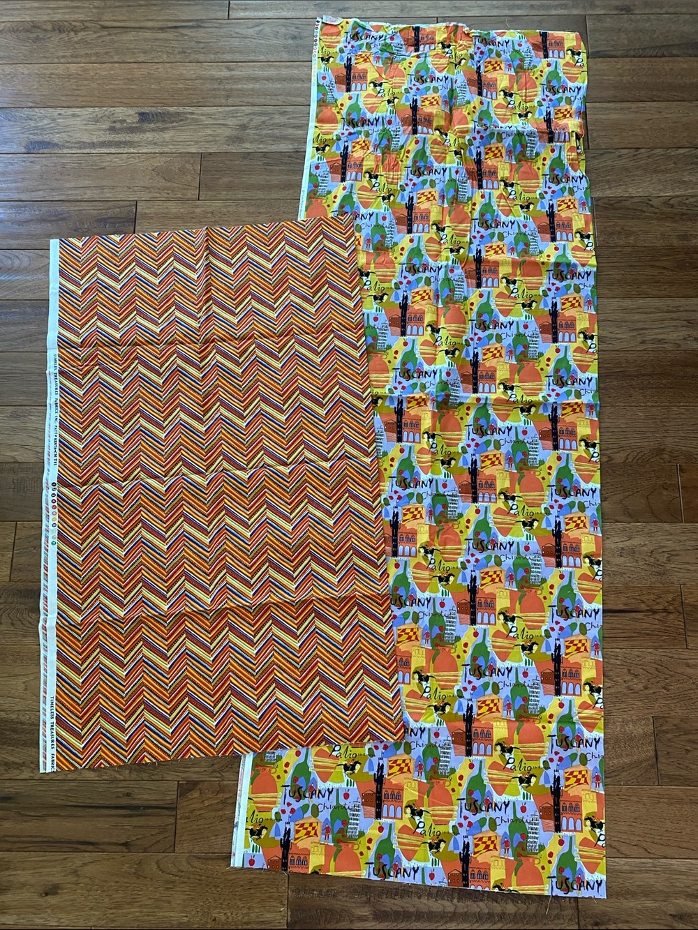 Italy inspired and zig-zag Orange/Yellow/blue/green cotton fabric panel bundle